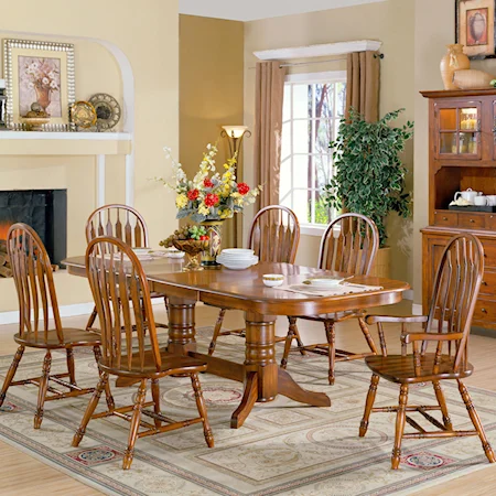 Chestnut Solid Oak Double Pedestal Table with 2 Arm Chairs & 4 Side Chairs